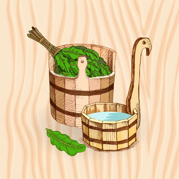 Artículos de baño. Un barril de madera y una escoba de roble para una sauna. Una plantilla para la empresa de baño. El lugar para tu mensaje. El dibujo manual sombreado sobre el fondo de textura de madera. A — Vector de stock