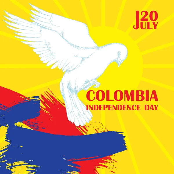 Colombias independence day. July 20. National Patriotic holiday of liberation in Latin America. White pigeon in flight, freedom symbol. Hand drawing hatching. Background with Colombian tricolor — Stock Vector