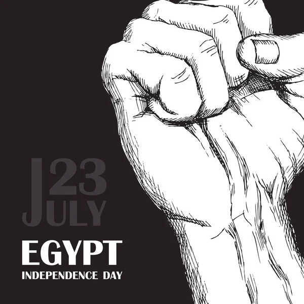 Tag Revolution in Ägypten. 23. Juli. Nationaler Unabhängigkeitstag in Afrika. Hand zur Faust geballt auf schwarzem Hintergrund. Handzeichnung im Skizzenstil an. Vektorillustration. eine Plakatvorlage für Ihre — Stockvektor