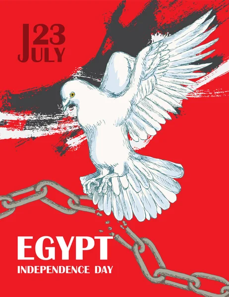 Tag Revolution in Ägypten. 23. Juli. Nationaler Unabhängigkeitstag in Afrika. Weiße Taube über zerbrochener Kette. Handgezeichneter Skizzenstil auf rotem Hintergrund. Vektorillustration. eine Plakatvorlage für Ihre — Stockvektor