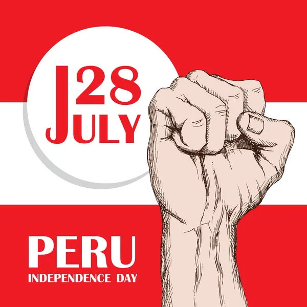 Día de la independencia de Perus. 28 de julio.Fiesta Nacional Patriótica de la Liberación en América Latina. Puño humano apretado, símbolo de la lucha por la liberación. Sombreado dibujado a mano. Imagen vectorial . — Archivo Imágenes Vectoriales