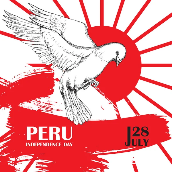 Dia da independência de Perus. 28 de julho.Férias patrióticas nacionais de libertação na América Latina. Pomba branca em voo, a cor da bandeira peruana. Imagem vetorial . — Vetor de Stock