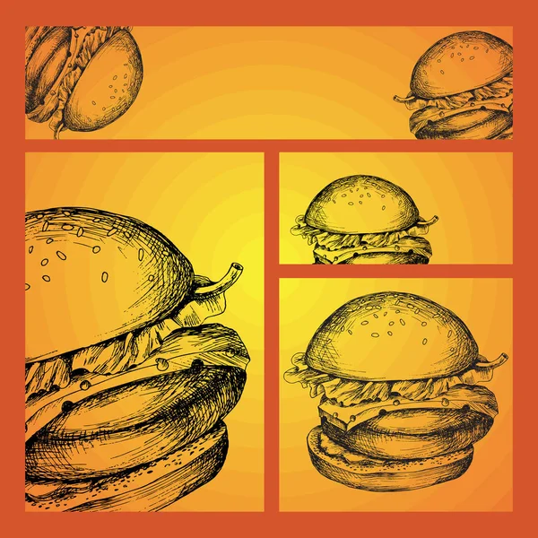 Esbozo de mano. Conjunto de formatos de negocio con imágenes para un picnic al estilo de Doodle. Hamburguesa, comida callejera . — Vector de stock