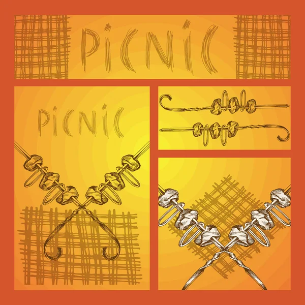 Esbozo de mano. Conjunto de formatos de negocio con imágenes para un picnic al estilo de Doodle. Kebab shish en un pincho y letras de la mano . — Vector de stock