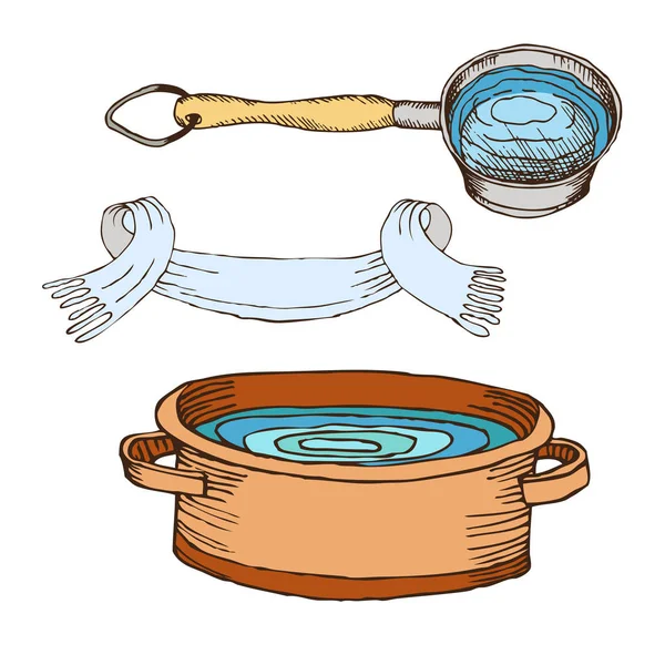 kova, havlu, su vücut hijyeni için Rus banyo havzası. Dizi aksesuarlar için banyo, sauna. El çizimi kroki tarzı. Beyaz arka plan üzerinde izole nesne.