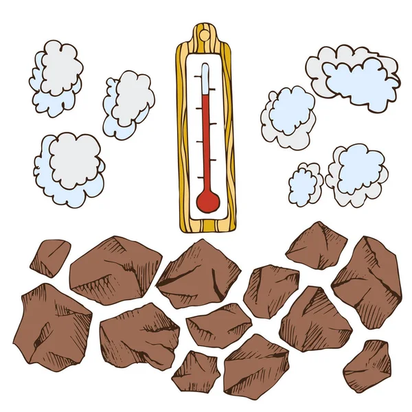 Taşlar için sauna sobası, buhar bulutlar, termometre vücut hijyeni için Rus banyosu için. Dizi aksesuarlar için banyo, sauna. El çizimi kroki tarzı. Beyaz arka plan üzerinde izole nesne.