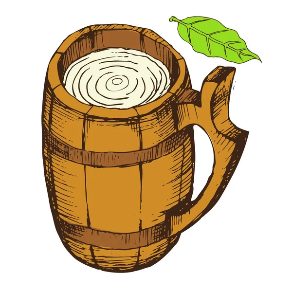 Holzbecher für Getränke vorhanden. isolierte Objekt auf weißem Hintergrund für die Gestaltung der Werbung Bier speichern, Milchprodukte, Bad, Sauna. Handzeichnung im Skizzenstil. Vektorillustration. Folge 10. — Stockvektor