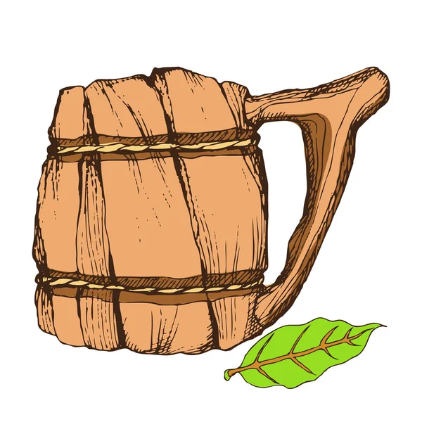 Tazza di legno per bere. Oggetto isolato su sfondo bianco per la progettazione di negozi di birra pubblicitaria, latticini, bagno, sauna. Disegno a mano in stile schizzo. Illustrazione vettoriale. EPS 10 . — Vettoriale Stock