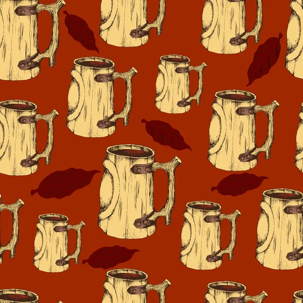 Patrón sin costura con taza de madera. Diseño de fondo. Ilustración colorida con cubiertos. Papel de pared decorativo, bueno para imprimir. Juego de vectores dibujados a mano para el baño. Dibujo a mano en estilo retro — Archivo Imágenes Vectoriales