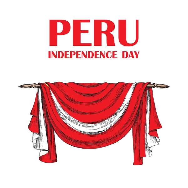 Perus Unabhängigkeitstag. 28. juli. Nationaler patriotischer tag der befreiung in lateinamerika. rot-weiße Draperie, peruanische Trikolore auf weißem Hintergrund. Vektorbild. — Stockvektor