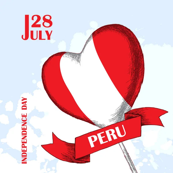 Perus 독립 날입니다. 7 월 28rd 일입니다. 심장, 페루 깃발의 색깔의 형태로 라틴어 America.A 풍선에 해방의 국가 애국적인 휴일. 손을-그려 음영. 벡터 이미지. — 스톡 벡터