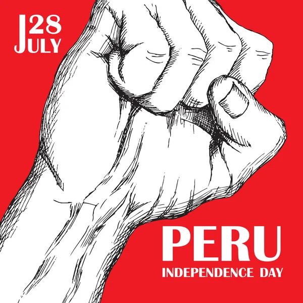 Día de la independencia de Perus. 28 de julio.Fiesta Nacional Patriótica de la Liberación en América Latina. Puño humano apretado, símbolo de la lucha por la liberación. Sombreado dibujado a mano. Imagen vectorial . — Archivo Imágenes Vectoriales