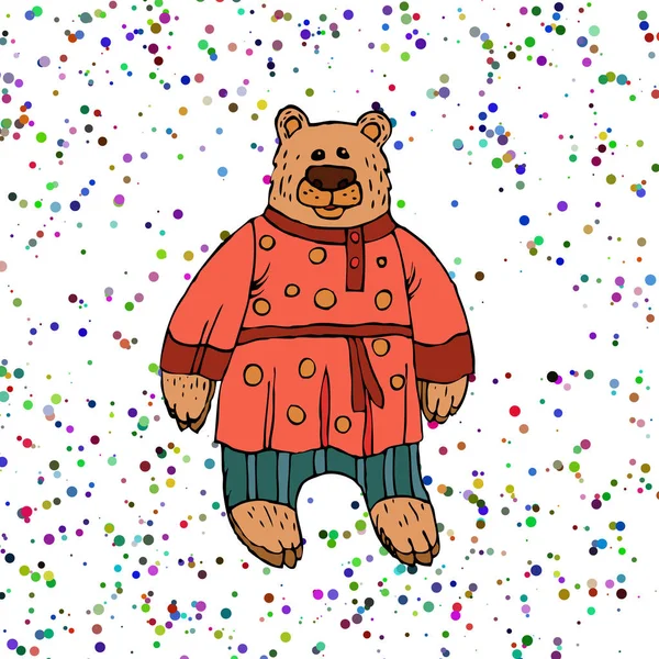Ilustração de crianças de um urso, um caráter de contos populares russos. Urso animado em roupas populares para impressão em t-shirt, panfleto, cartaz, capa, livro impresso em tecido. Desenho à mão em estilo cartoon — Vetor de Stock