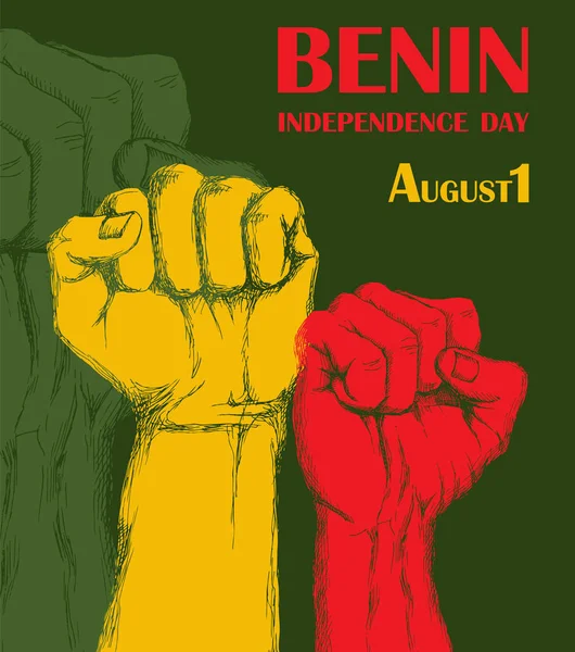 독립 일 베냉의 상태입니다. 8 월 1 일입니다. 아프리카 나라에서 애국 국가 휴일. 제기 손, 쥔된 주먹, 자유, 베냉 색상에 대 한 싸움의 상징의 집합입니다. 는 — 스톡 벡터