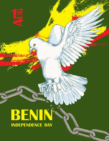 Independence Day of the state of Benin. August 1. A patriotic national holiday in the African country. A white pigeon over color Benin. The manual drawing in style the sketch. Vector illustration. — Stock Vector