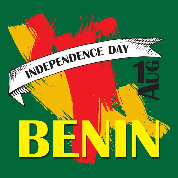 Independence Day of the state of Benin. August 1. A patriotic national holiday in the African country. Inscriptions Benin, a banner against the background of color Benin. The manual drawing in style — Stock Vector