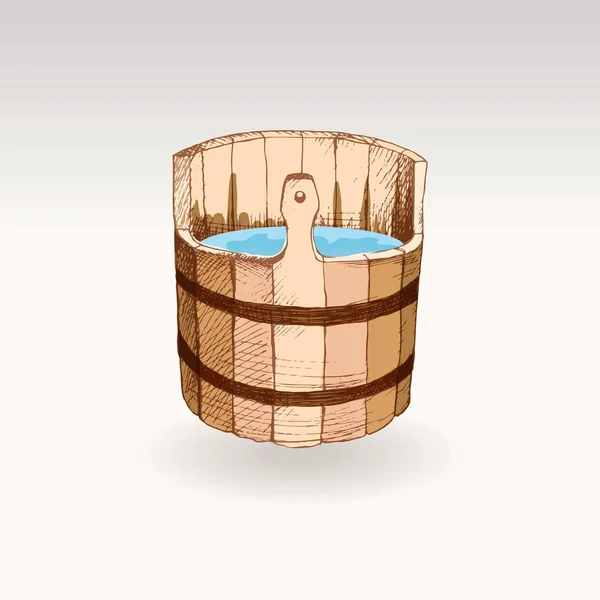 Imagem para o banho russo. Um barril de madeira para uma sauna. Um modelo para a companhia balnear. O lugar para a tua mensagem. O desenho manual sombreamento em um fundo neutro. Um modelo para a concepção de —  Vetores de Stock