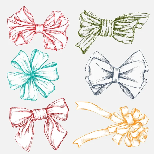 Hand-drawn set of bows to decorate the composition.  Engraving art. Tied ribbon for banner and advertising by cross hatching, contour hatching pen ink sketch drawing technique.Use tecnicial handl — Stock Vector