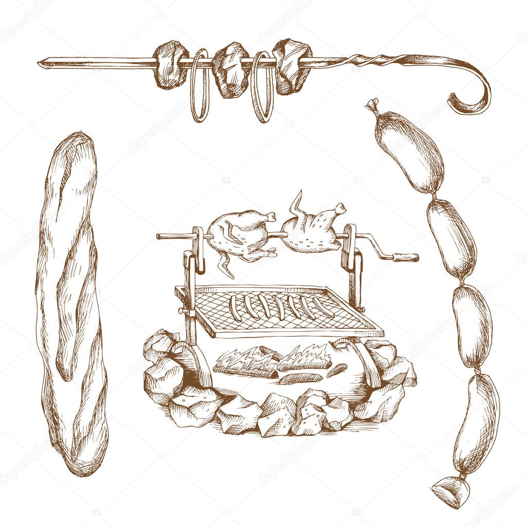 Hand drawn picnic set: grill, baguette, bunch of sausages,barbecue.  Engraving art. Meat products for banner and advertising by cross-hatching, contour hatching pen ink sketch drawing technique.Us