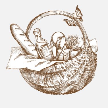 Elle çizilmiş piknik sepeti küme. Oyma sanatı. Banner ve reklam için bir dizi teknik çizim kuluçkalık, kontur çıkım kalem mürekkep kroki çapraz. Tecnicial tutamacını kullanın. Vektör illustratio