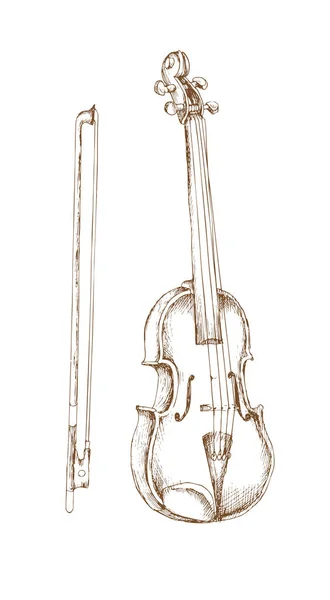 Hand-drawn set of stringed musical instruments.  Engraving art. Violin and bow for banner and advertising by cross-hatching, contour hatching pen ink sketch drawing technique.Use tecnicial handl — Stock Vector