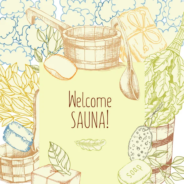 Set di accessori da bagno. Modello di design banner con disegni per bagno e sauna. Accessori da bagno per decorare volantini. Secchi, scope, saponi per rilassarsi nella sauna. Poster quadrato. Vettore. Il — Vettoriale Stock