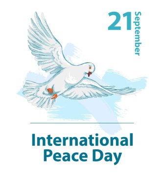 Uluslararası barış günü. Eylül 21. el çizimi bir barış güvercin. Poster veya başlık sayfası tasarımı için arka plan şablonu. Vektör çizim.