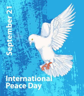 Uluslararası barış günü. Eylül 21. el çizimi bir barış güvercin. Poster veya başlık sayfası tasarımı için arka plan şablonu. Vektör çizim.