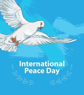 Uluslararası barış günü. Eylül 21. el çizimi bir barış güvercin. Poster veya başlık sayfası tasarımı için arka plan şablonu. Vektör çizim.