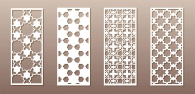 Sanki diğer tarafı görülebilen siluet Arapça desenli, Müslüman girih geometrik desen. Arka plan, davetiye tasarımı, rozetleri için uygun çizim, kesme gravür kalıp, ahşap ve metal ürünleri lazer. 4
