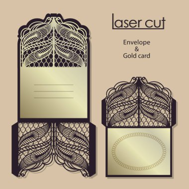 Lazer kesim için Vintage vektör desen. Lüks model. Davetiyeler için zarf tasarımı. Metin için yer. Altın renkli, altın kabartmalı süsleme dekorasyon.