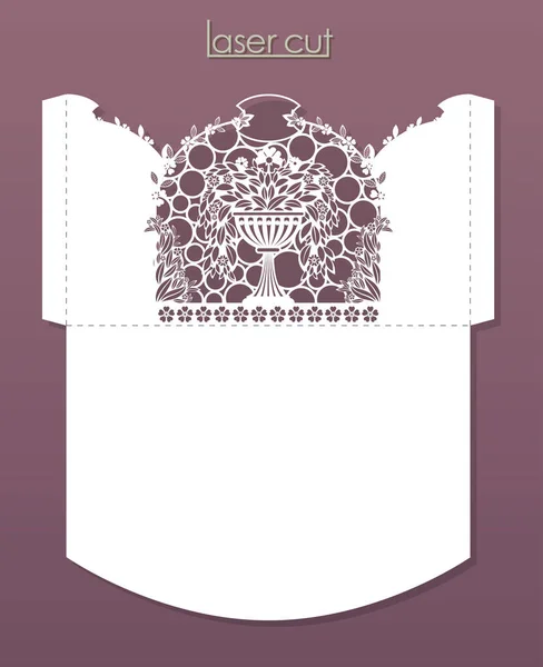 레이저 절단 패턴. 초대 카드 봉투 디자인입니다. 꽃 화분입니다. 게이트의 섬세 한 주름의 벡터 실루엣입니다. 우아한 발렌타인 카드, 인사말 카드, 초대장 웨딩 — 스톡 벡터