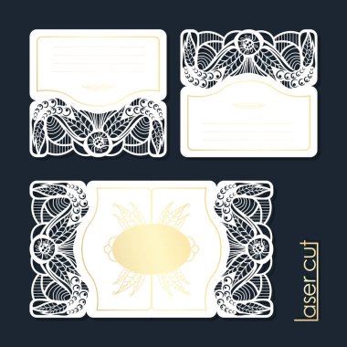 Lasercut şablon ve altın damgalama. Kutlama, bir tablo kartı davetiyesi. Lazer kesme çiçek süsleme ile tebrik kartı. Kağıt kesme vektör çizim.