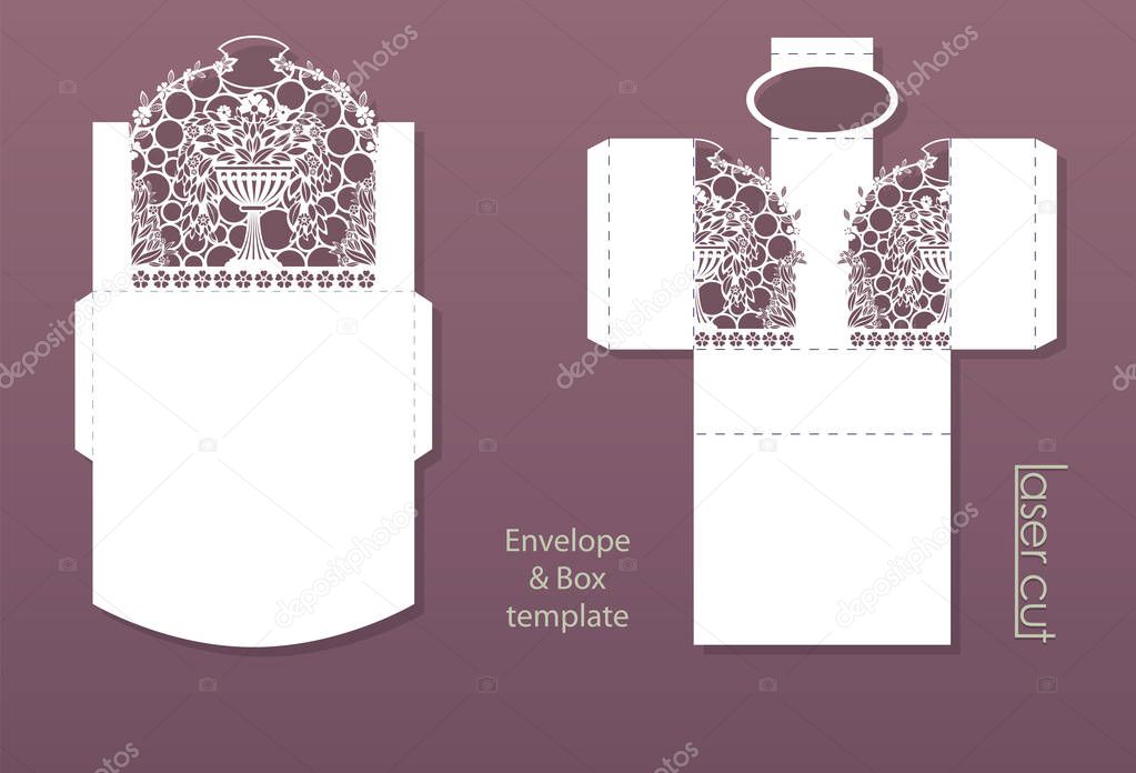 Laser cut pattern. Envelope design for invitation cards. Flowerpot with flowers. Vector silhouette of delicate folds of the gate. Elegant Valentines day card, wedding invitations, greeting cards