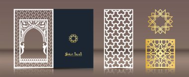 Lazer kesim için desen bir dizi. Kartpostal, yer imi, oryantal geleneksel tarzı altın madalyon. Tasarım öğeleri Müslüman kapakları, altın damgalama, klasörler oluşturmak için