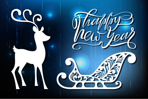 Yeni yıl ve Noel, lazer kesim. Noel süslemeleri kümesi. İzole yazı ajur nesneler, kızak, geyik. Parlak arka plan. — Stok Vektör