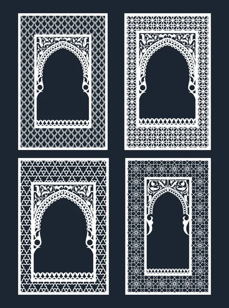 Un conjunto de ventanas árabes para el corte por láser. Diseño de marco vintage, tarjeta de felicitación, cubierta en estilo tradicional oriental. Folleto, álbum, placa de identificación, plantillas de etiquetas . — Vector de stock