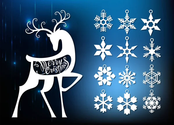 Yeni yıl ve Noel, lazer kesim. Noel süslemeleri kümesi. İzole ajur kar taneleri, geyik nesneleri. Parlak arka plan.