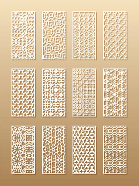 12 lazer desenleri odası için duvar Arap tarzında. Bir dikdörtgen bir ekran, gizlilik paneller, bir çit tasarım geleneksel oryantal süs. Lazer kesim kağıt, vinil, kontrplak, tahta.