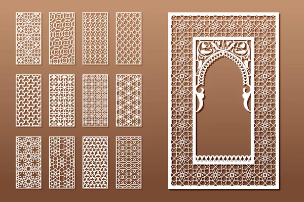 Un conjunto de plantillas de ventana árabe y 12 paneles de privacidad para el corte por láser. Diseño en estilo tradicional oriental. Corte de papel, vinilo, contrachapado, madera . — Archivo Imágenes Vectoriales
