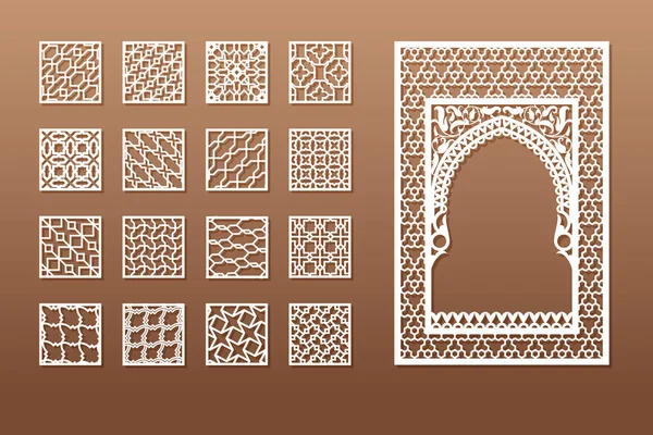 Ein Satz arabischer Fenstervorlagen und 12 Privatsphäre-Panels zum Laserschneiden. Design im traditionellen orientalischen Stil. durch Schneiden von Papier, Vinyl, Sperrholz, Holz. — Stockvektor