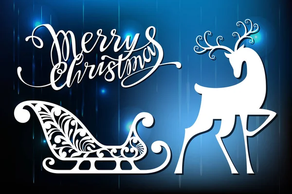 Yeni yıl ve Noel, lazer kesim. Noel süslemeleri kümesi. İzole yazı ajur nesneler, kızak, geyik. Parlak arka plan.