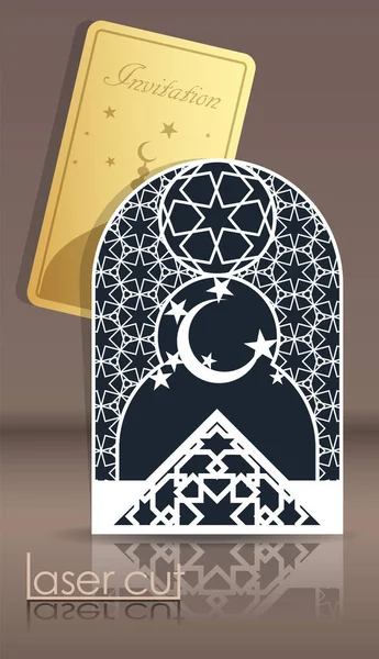 Diseñe tarjetas de felicitación para la fiesta musulmana. Corte láser patrón girih árabe, marco 3d. Geometría tejida. Cubierta hueca tallada y una tarjeta de oro en relieve con el símbolo del Islam . — Vector de stock