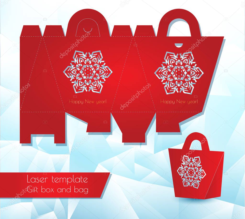 Laser pattern paper gift bag. Congratulatory packaging for retail. Openwork laser cutting template. Vector illustration.