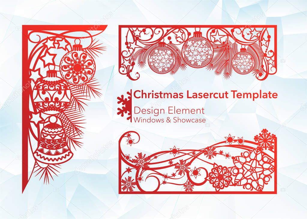Laser cutting design for Christmas and New Year. A set of template of corner and horizontal elements to create a festive decor. Patterns for decorating a rectangular frame and border, windows, shop