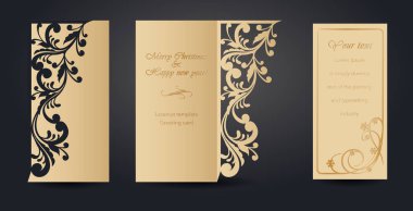 Lazer kesim için Noel tebrik kartı tasarımı. Yeni yıl ve Noel. Zarflar, kartpostallar, yeni yıl etkinlikleri için davetiyeler için açık çalışma deseni. Kağıttan, kartondan, plastikten kesip çıkarıyor. Vektör çizimi
