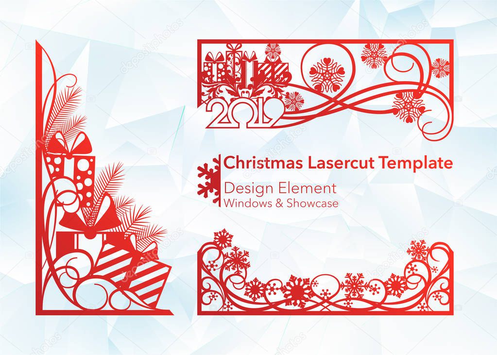 Laser cutting design for Christmas and New Year. Silhouette cut. A set of template of corner and horizontal elements to create a festive decor. Patterns for decorating a rectangular frame and border, windows, shop windows. Vector illustration