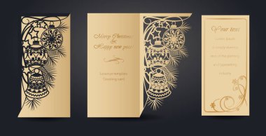 Lazer kesim için Noel tebrik kartı tasarımı. Yeni yıl ve Noel. Zarflar, kartpostallar, yeni yıl etkinlikleri için davetiyeler için açık çalışma deseni. Kağıttan, kartondan, plastikten kesip çıkarıyor. Vektör çizimi