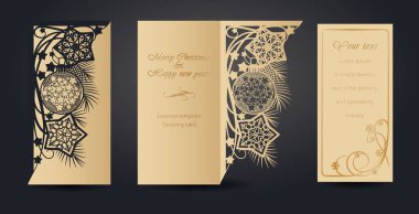 Lazer kesim için Noel tebrik kartı tasarımı. Yeni yıl ve Noel. Zarflar, kartpostallar, yeni yıl etkinlikleri için davetiyeler için açık çalışma deseni. Kağıttan, kartondan, plastikten kesip çıkarıyor. Vektör çizimi
