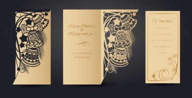 Lazer kesim için Noel tebrik kartı tasarımı. Yeni yıl ve Noel. Zarflar, kartpostallar, yeni yıl etkinlikleri için davetiyeler için açık çalışma deseni. Kağıttan, kartondan, plastikten kesip çıkarıyor. Vektör çizimi